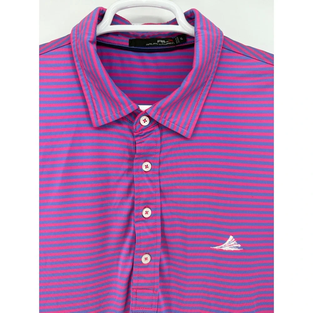 RLX Ralph Lauren Golf Polo Shirt XL Pink Purple Striped Short Sleeve‎ Note Logo